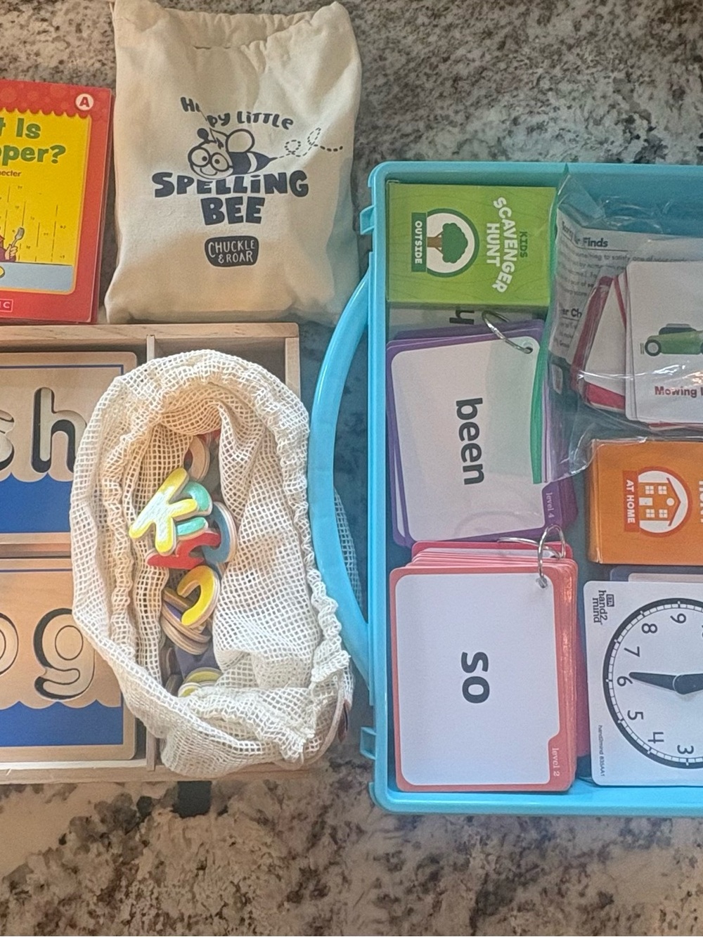 Reading materials, sight words, spelling, home learning scavenger hunt cards